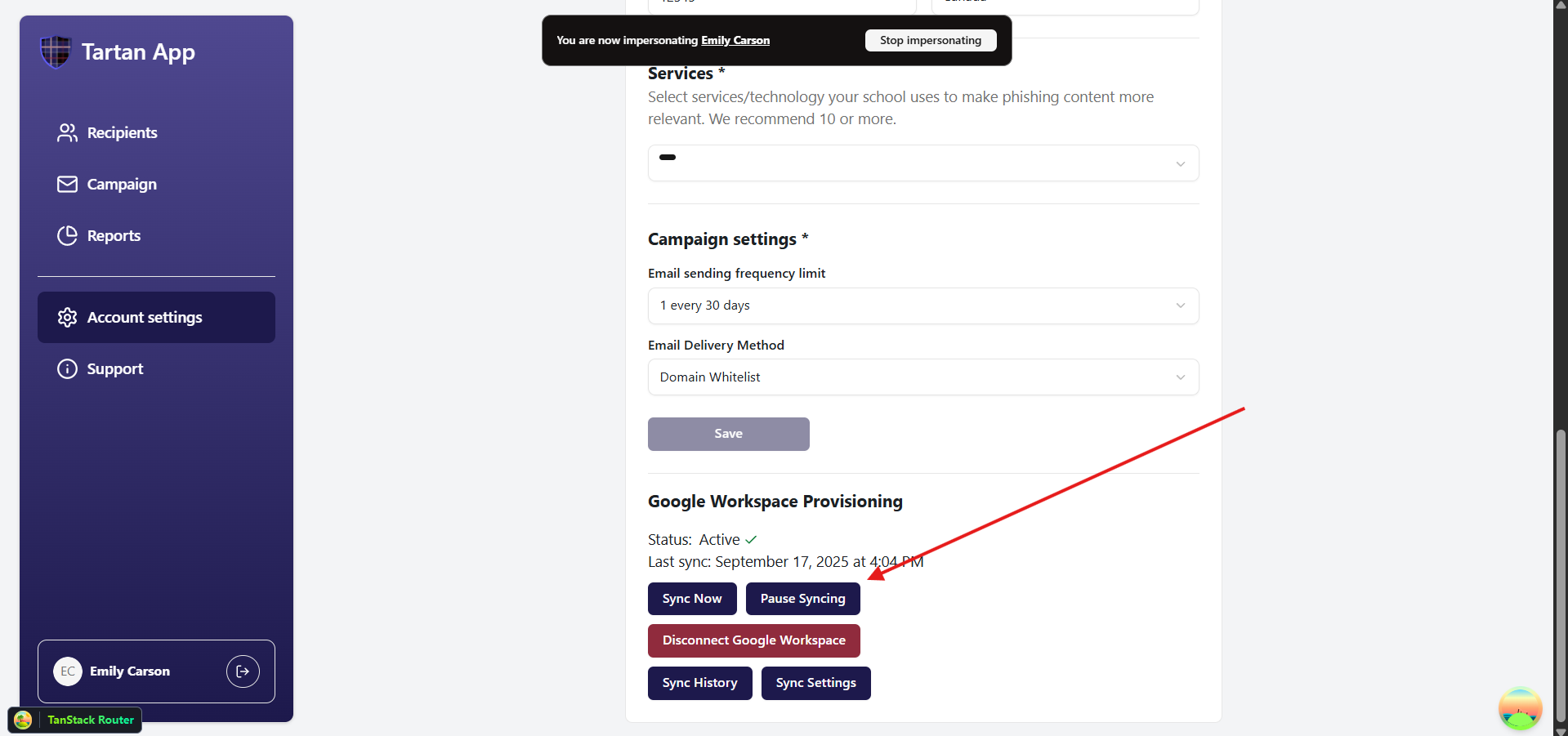Account Settings page showing sync status and management options