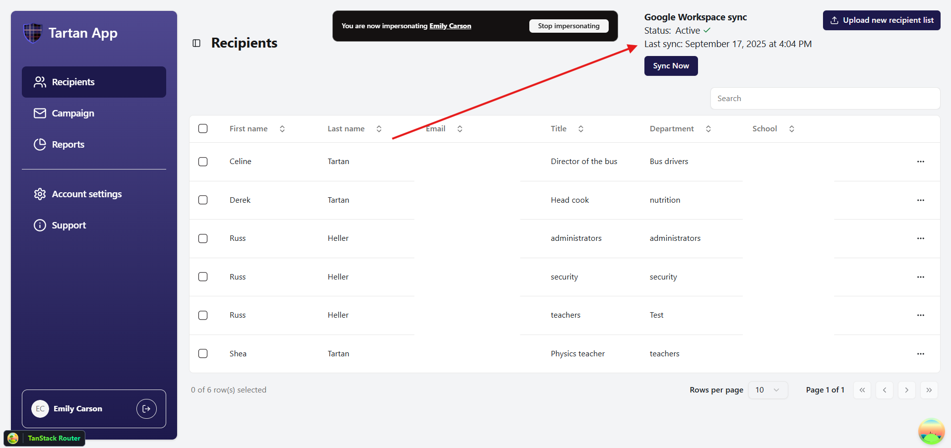 Recipients page showing sync status and last sync date