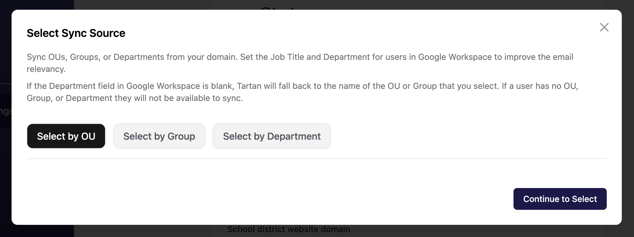 Google Workspace sync source selection showing tabs for OU, Group, and Department