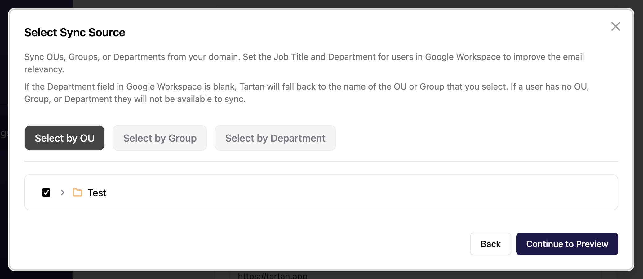 Google Workspace OU selection showing expandable OUs that can be unchecked