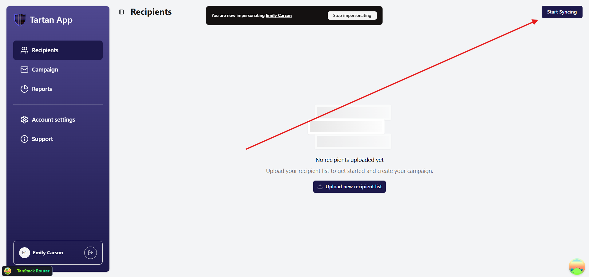 Start Syncing button on Recipients page