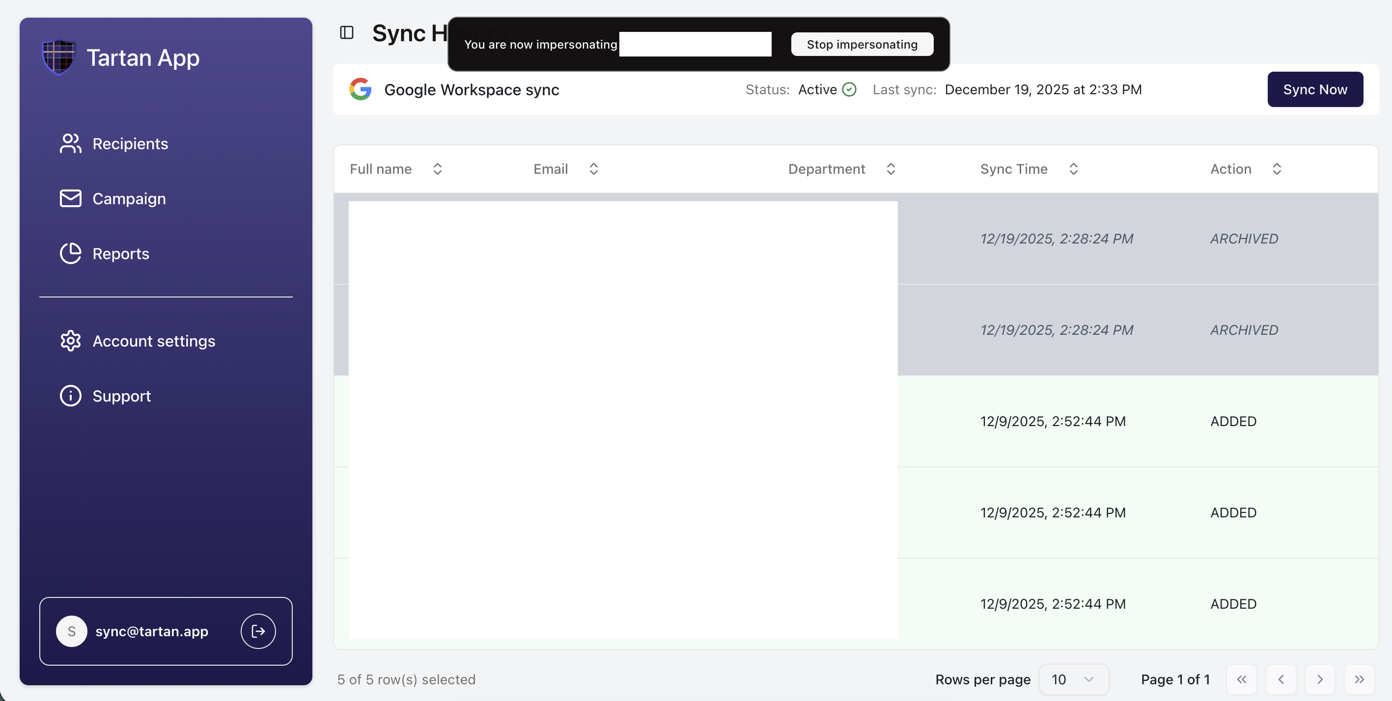 Sync history page showing log of added recipients, archived recipients, and side-by-side change comparisons