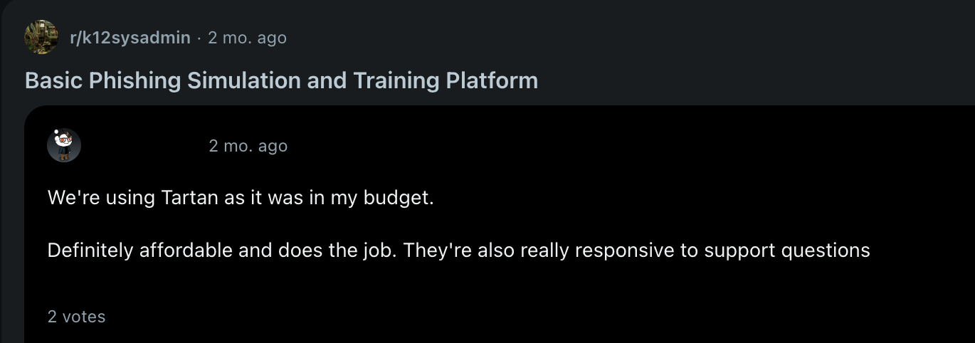 Reddit discussion screenshot saying Tartan has been excellent, extremely responsive, and very affordable.