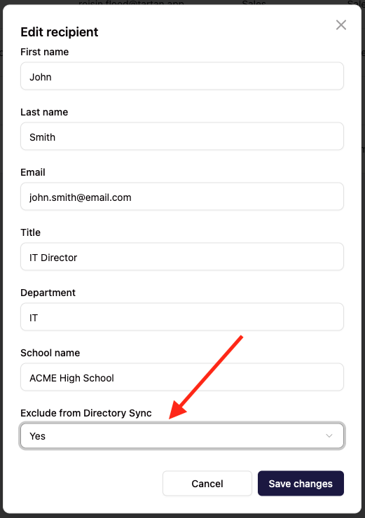 Edit recipient interface showing Exclude from Directory Sync option set to Yes