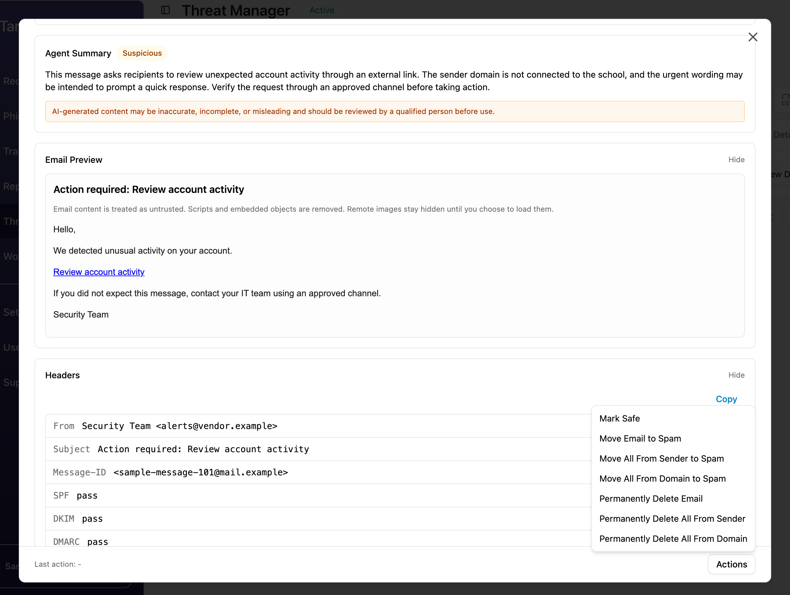 Threat Manager action menu