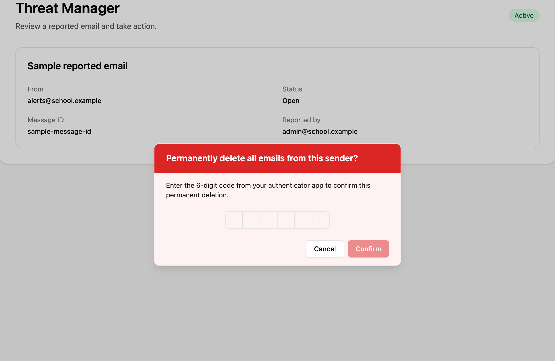 Two-factor authentication code required for sender-wide permanent deletion