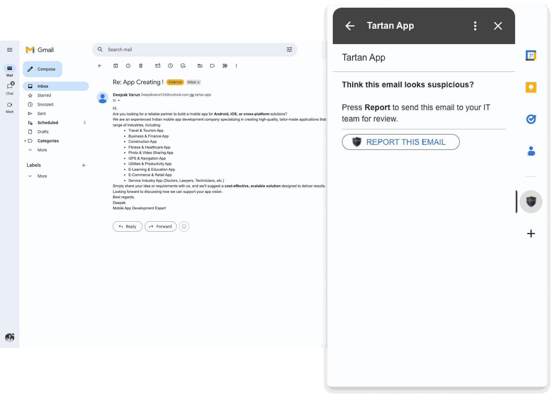 Tartan App Shield phish report button shown inside Gmail.