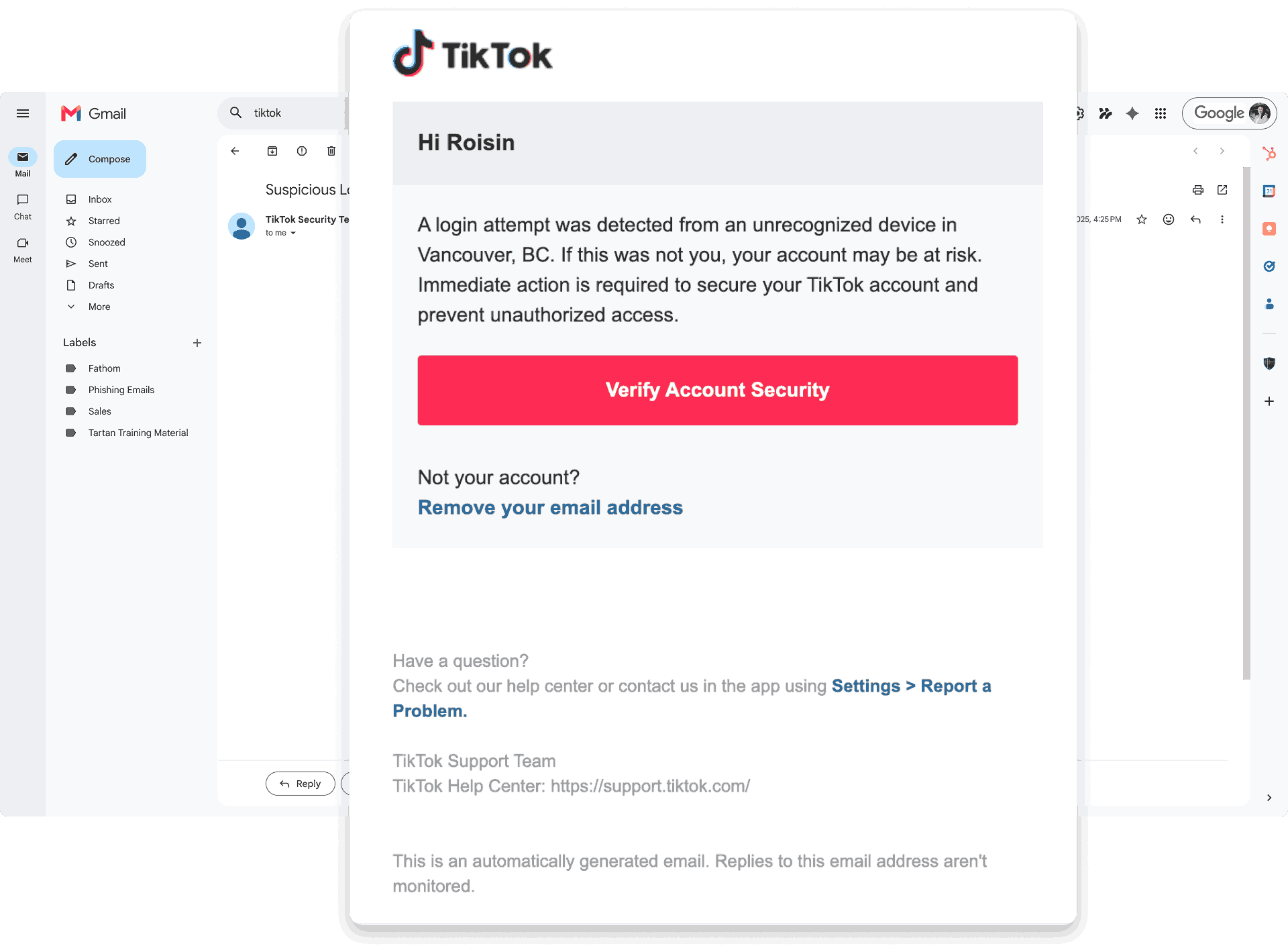Tartan App student phishing simulation shown in Gmail with a TikTok-themed email.