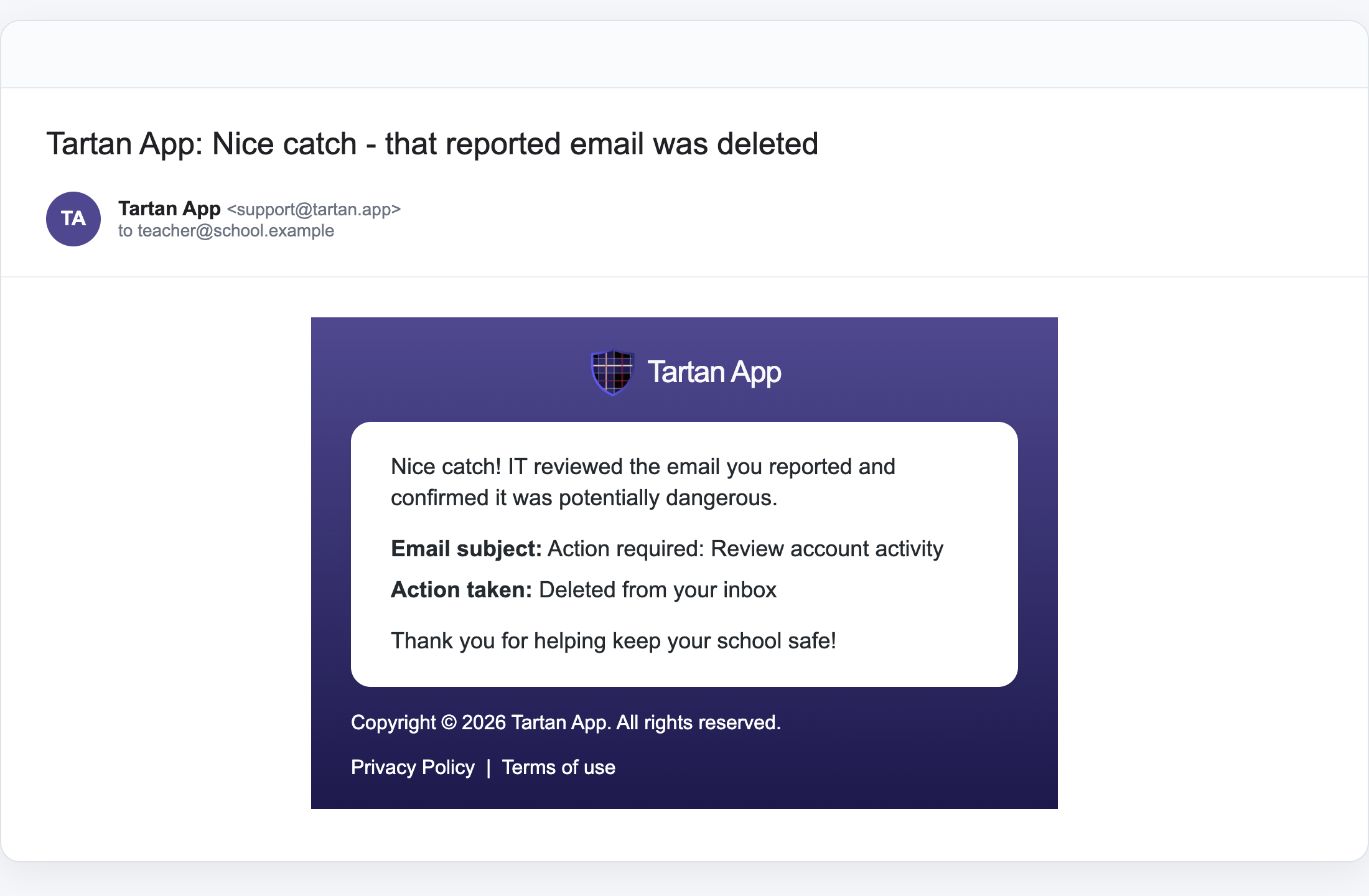 Reporter follow-up email when a Permanently Delete Email action is completed