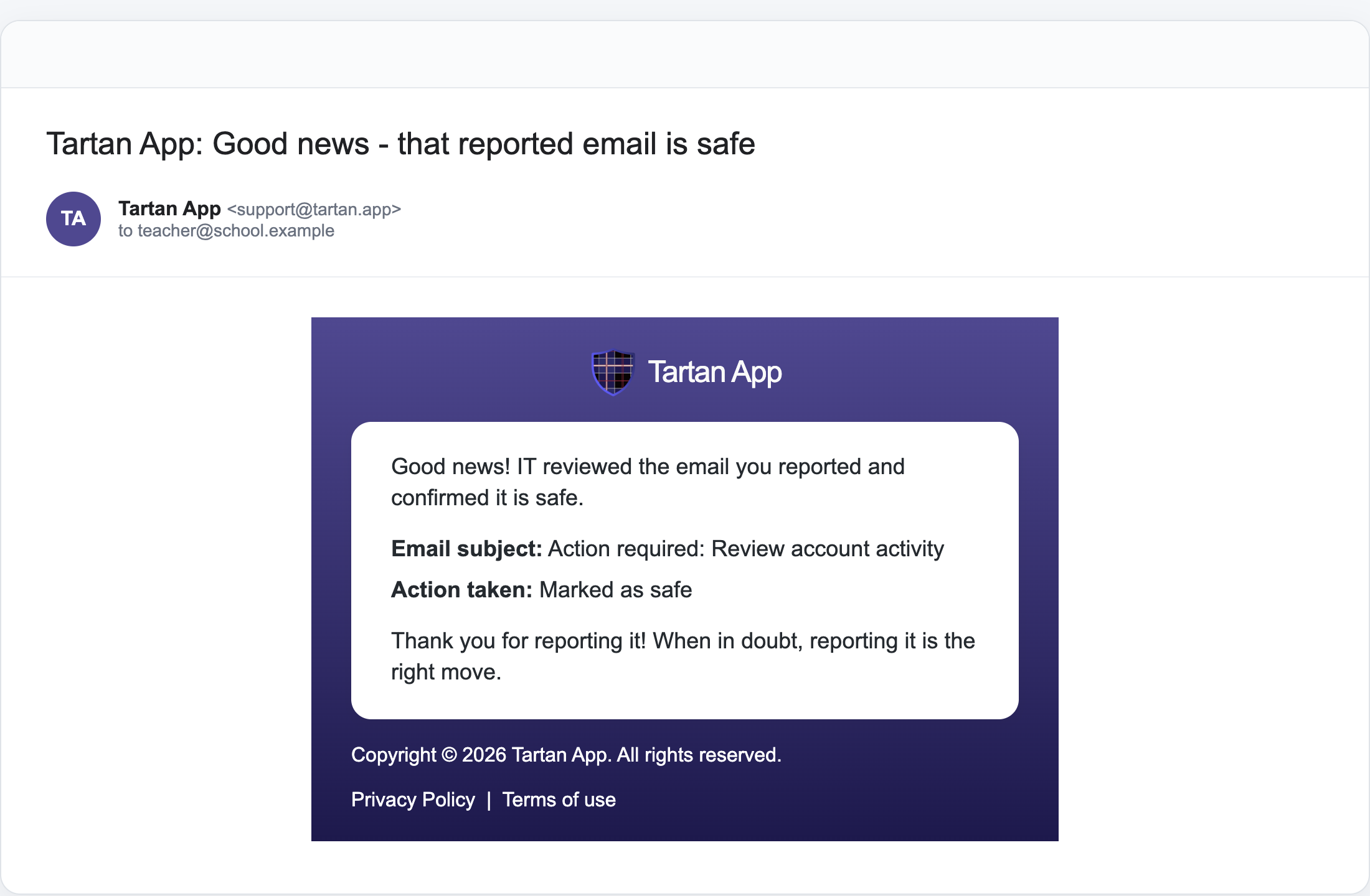 Reporter follow-up email when a reported email is marked safe