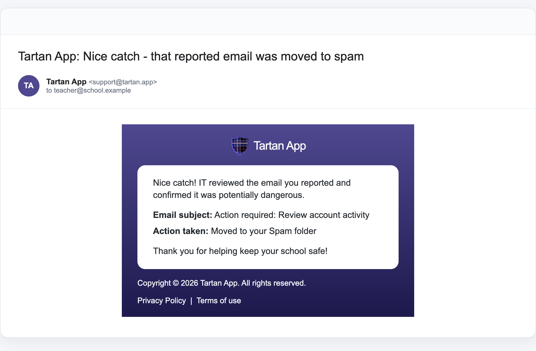 Reporter follow-up email when a reported email is moved to spam