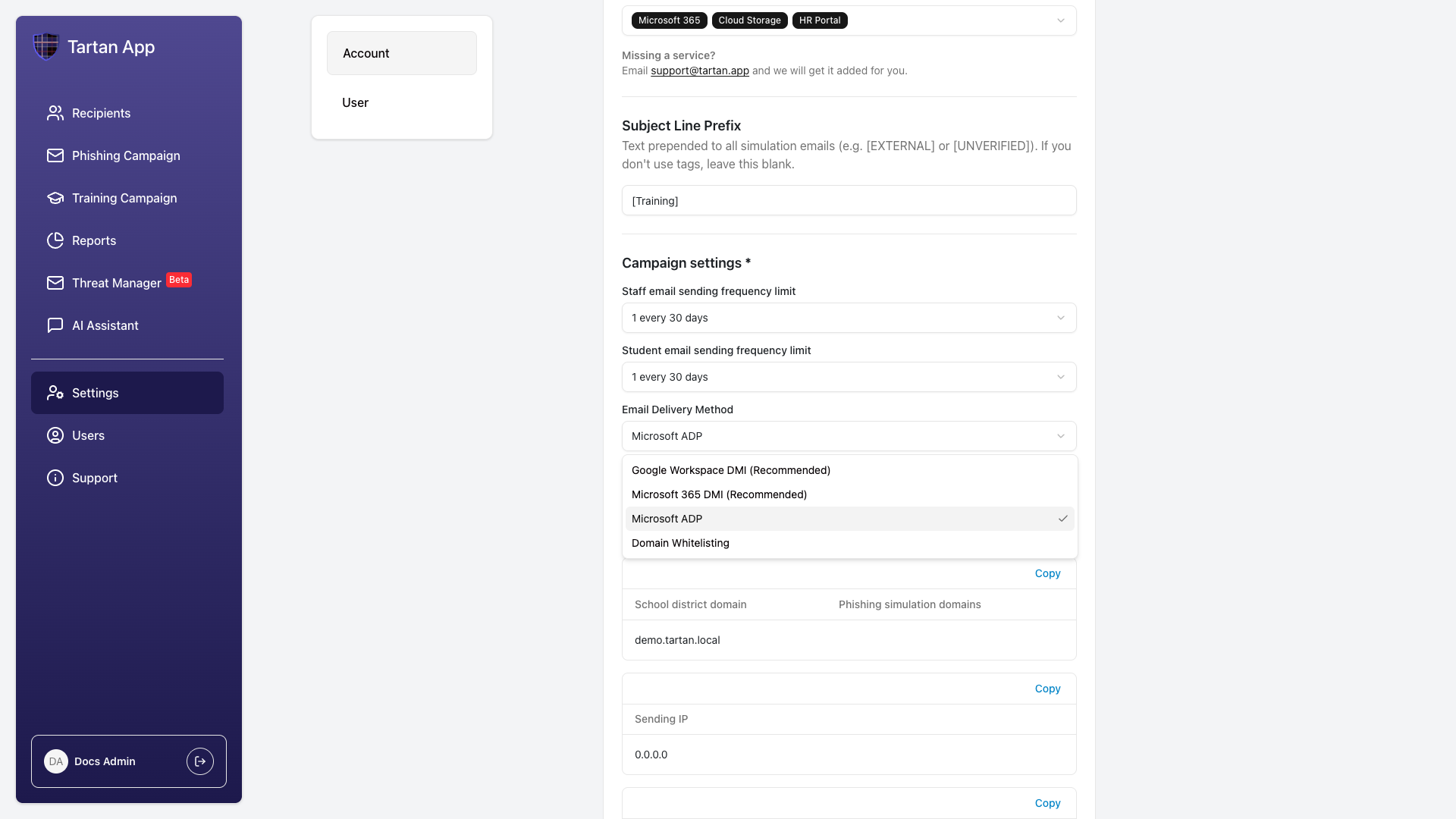 Email delivery method dropdown showing Microsoft 365 DMI