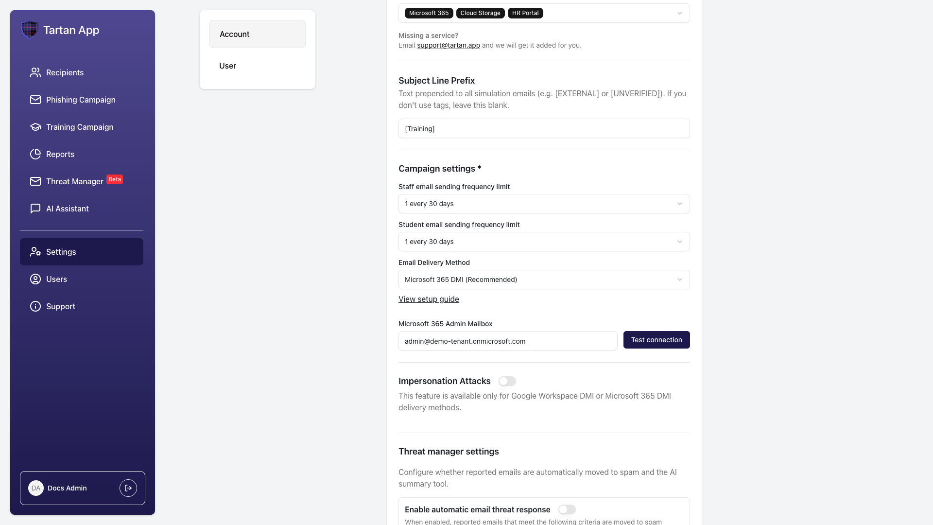 Microsoft 365 Admin Mailbox field available after permissions are granted