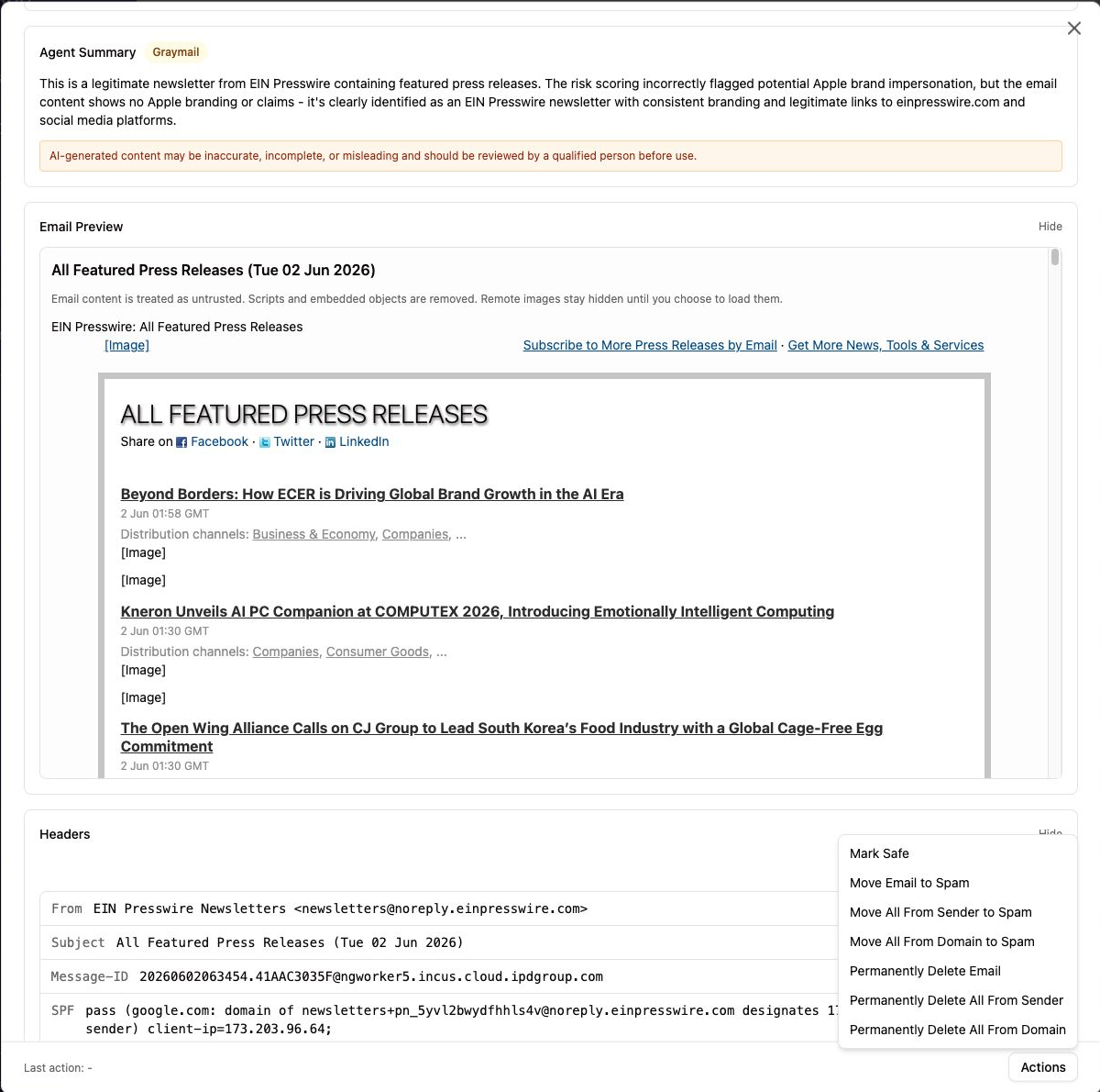 Threat Manager action menu
