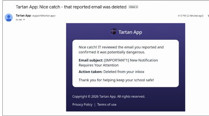 Reporter follow-up email when a Permanently Delete Email action is completed