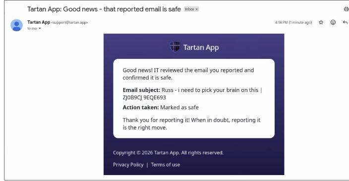 Reporter follow-up email when a reported email is marked safe