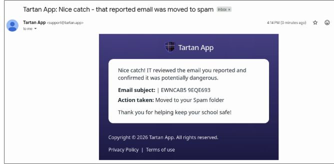 Reporter follow-up email when a reported email is moved to spam