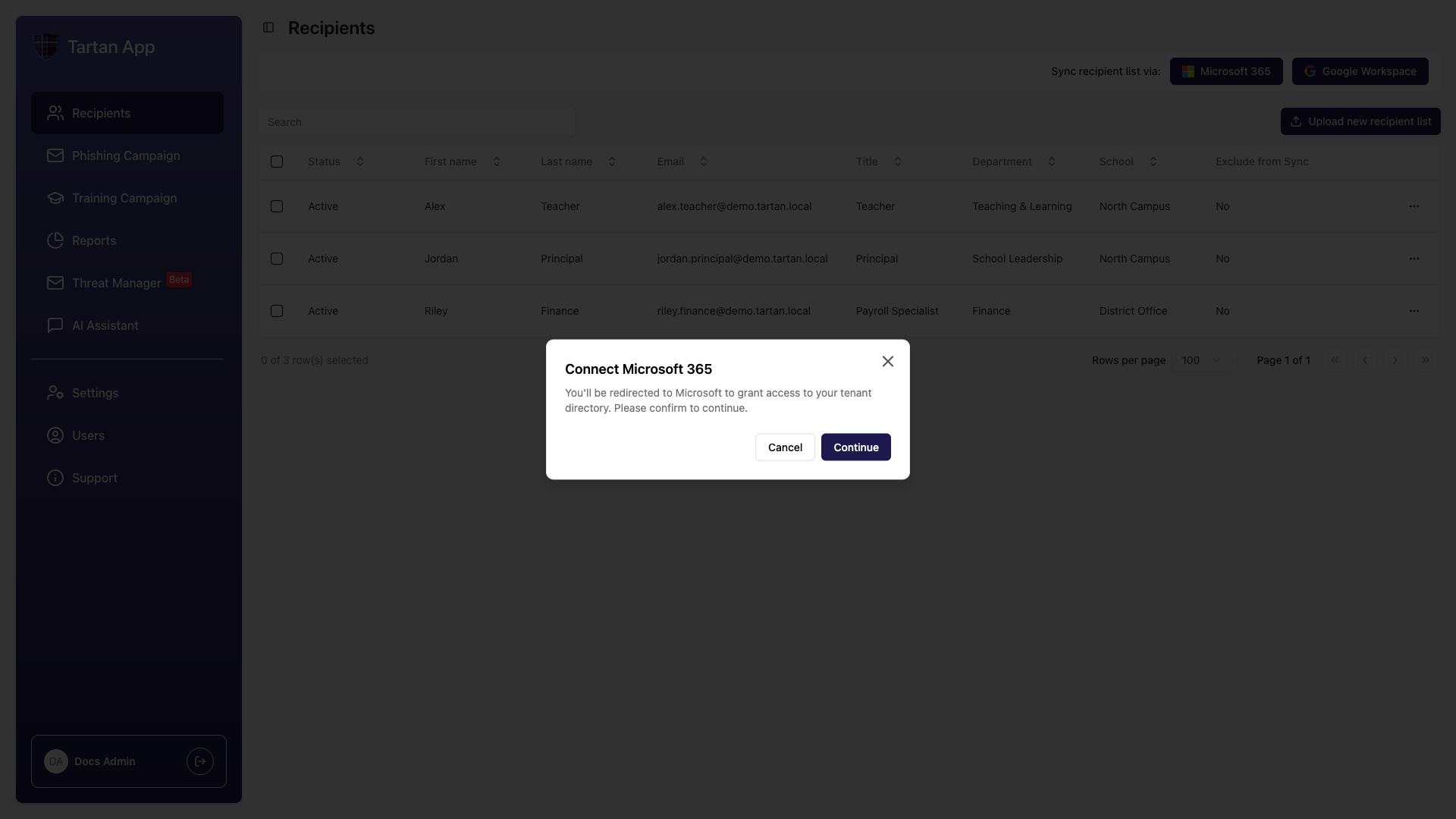 Connect Microsoft 365 confirmation modal