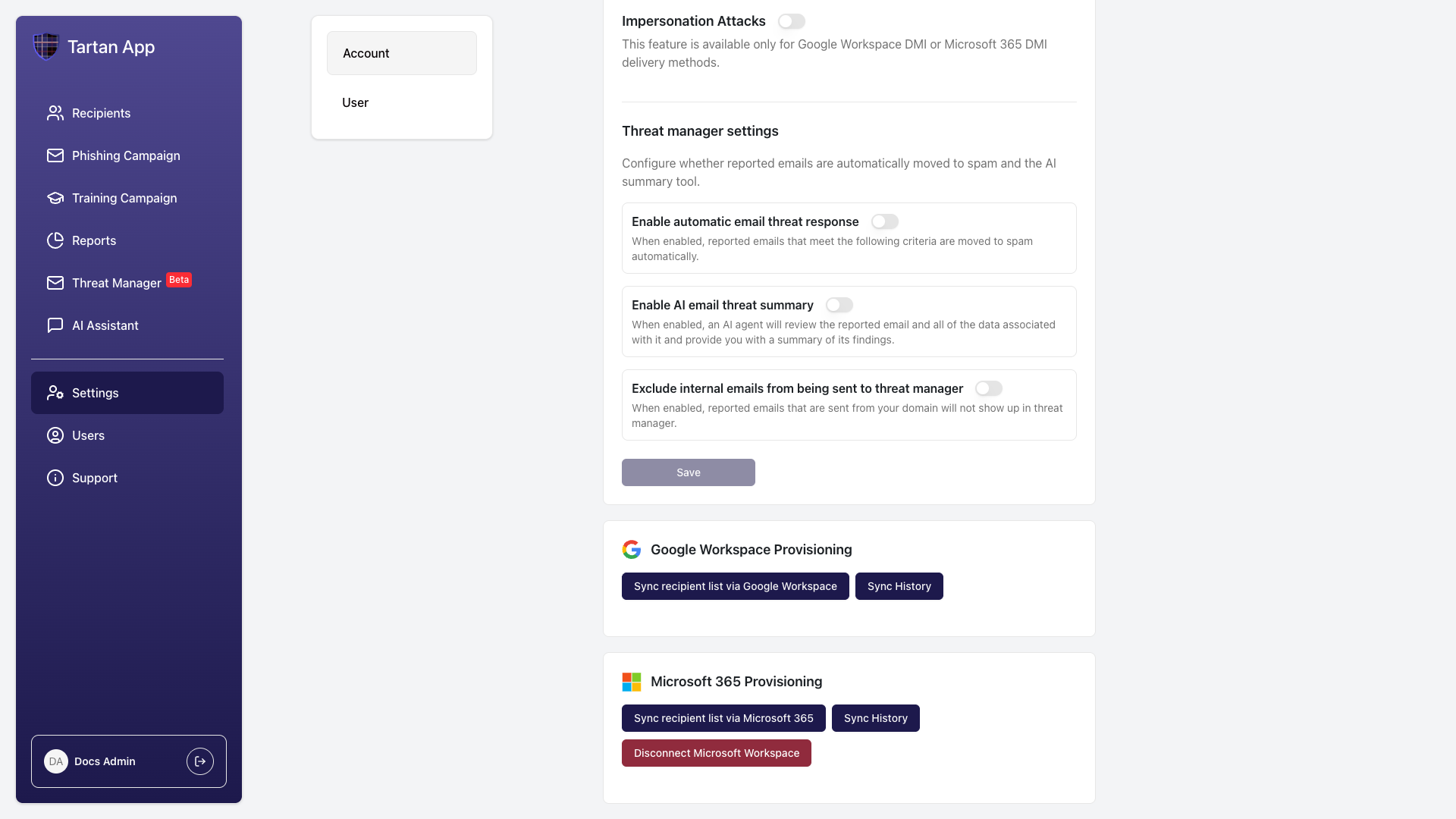 Microsoft 365 Provisioning section in Account Settings