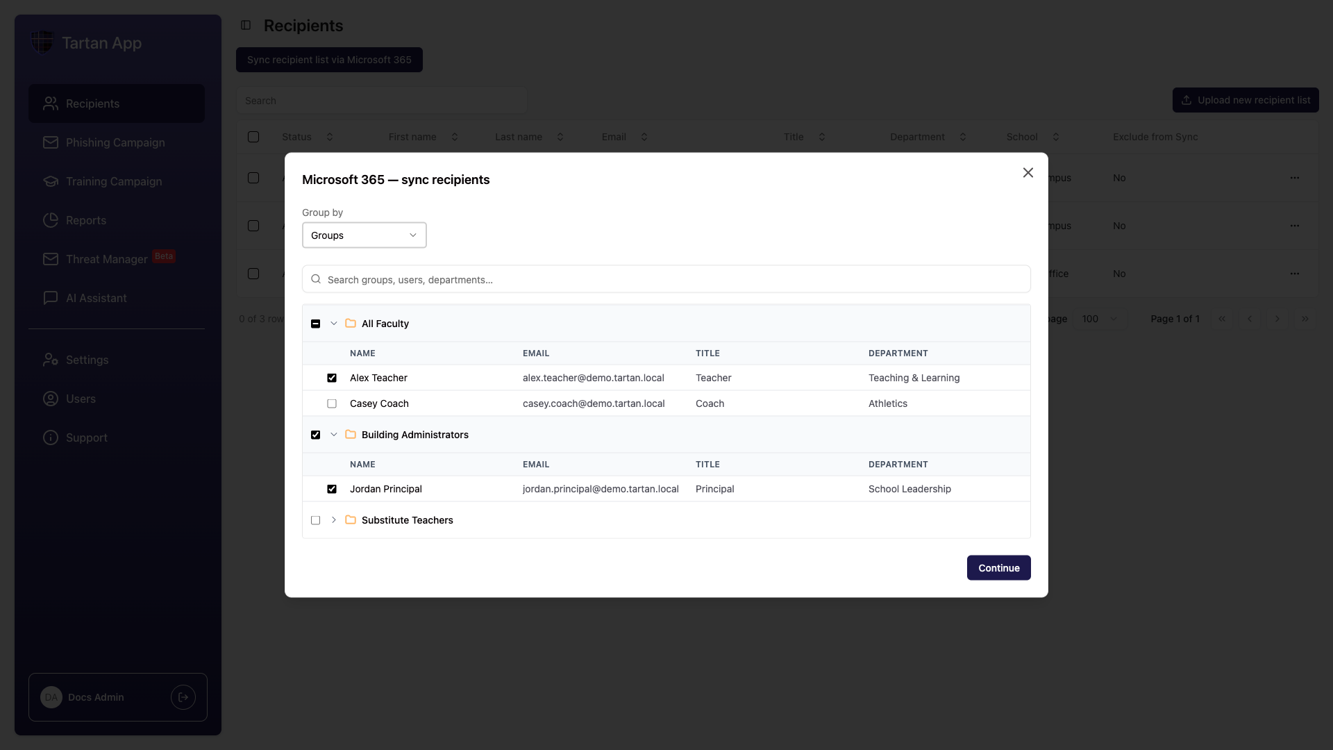 Microsoft 365 sync modal grouped by groups