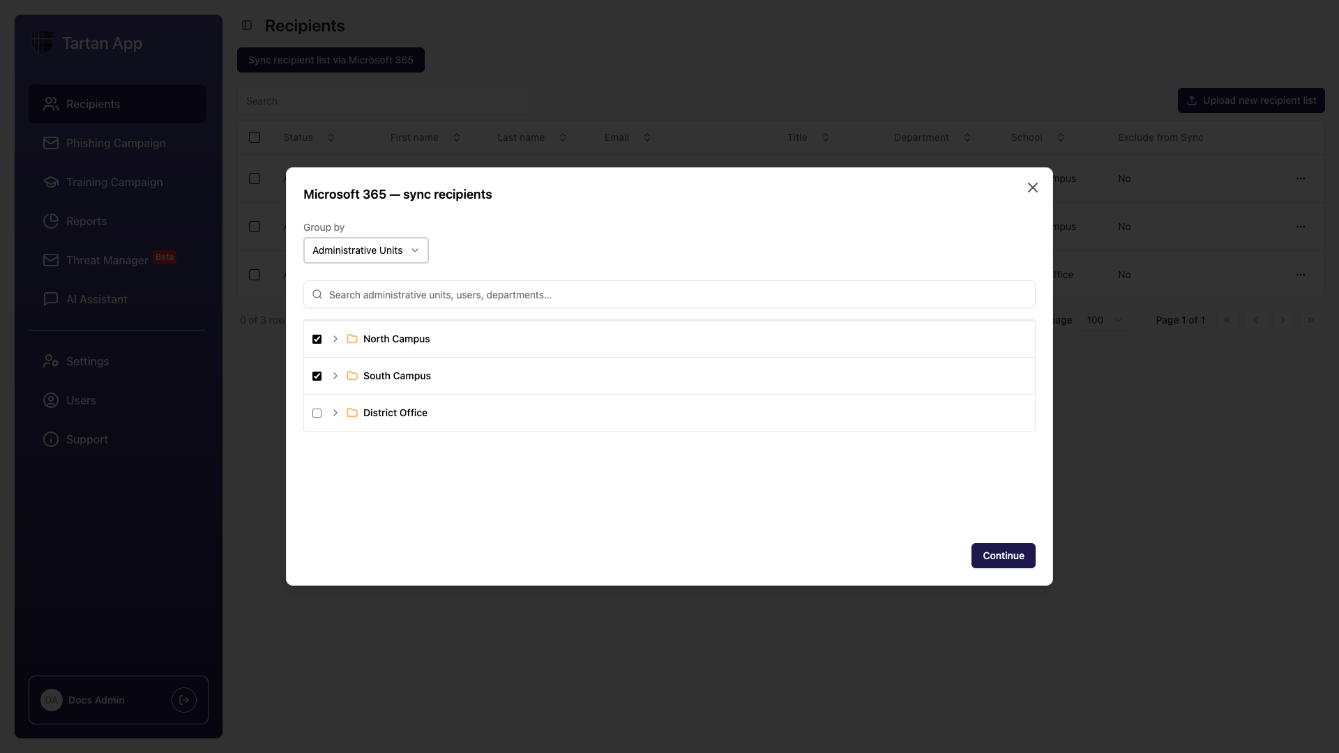 Group by Administrative Units selection in the Microsoft 365 sync modal