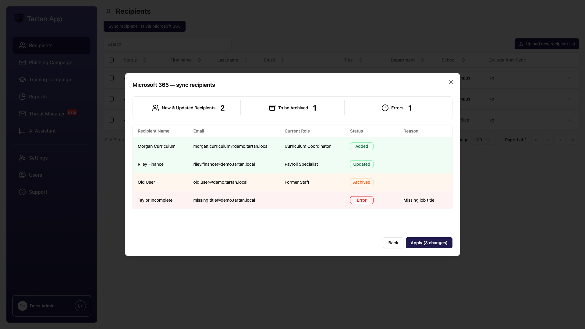 Microsoft 365 sync preview showing new, updated, archived, and errored recipients