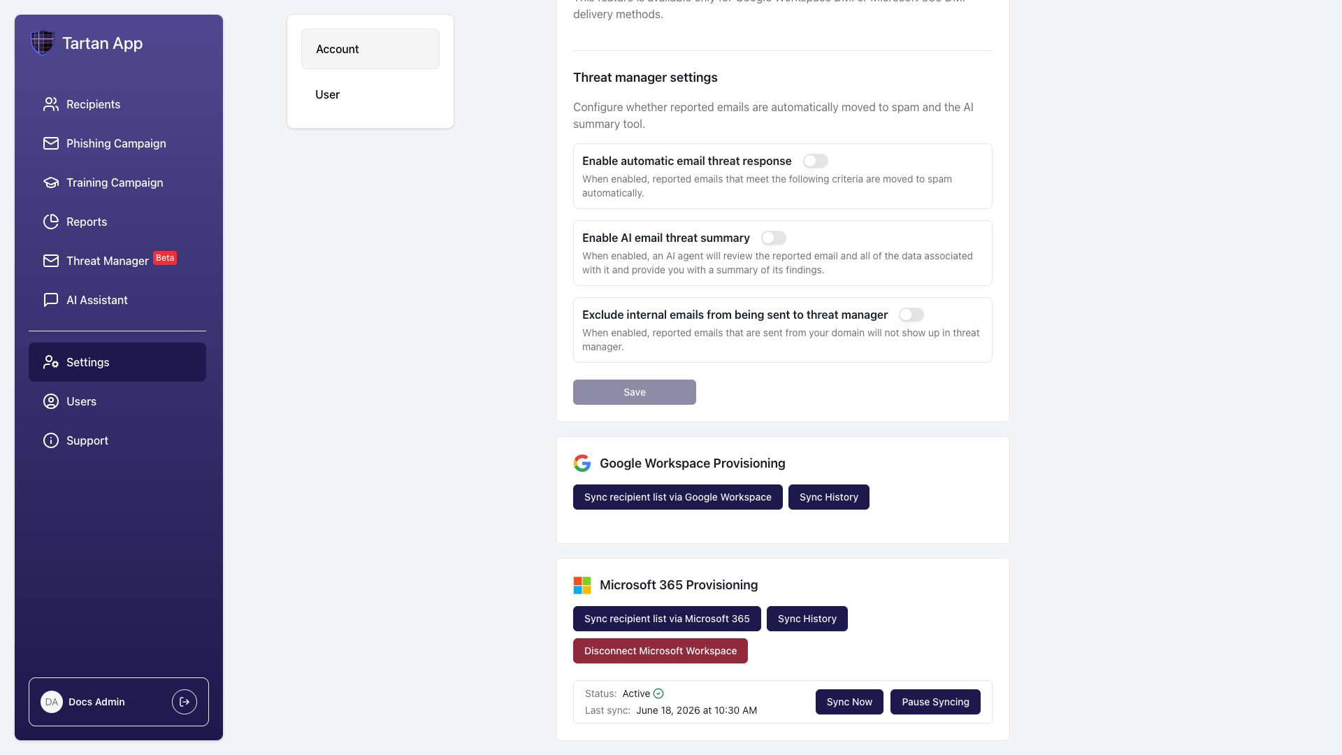 Active Microsoft 365 sync status with Sync Now and Pause Syncing controls