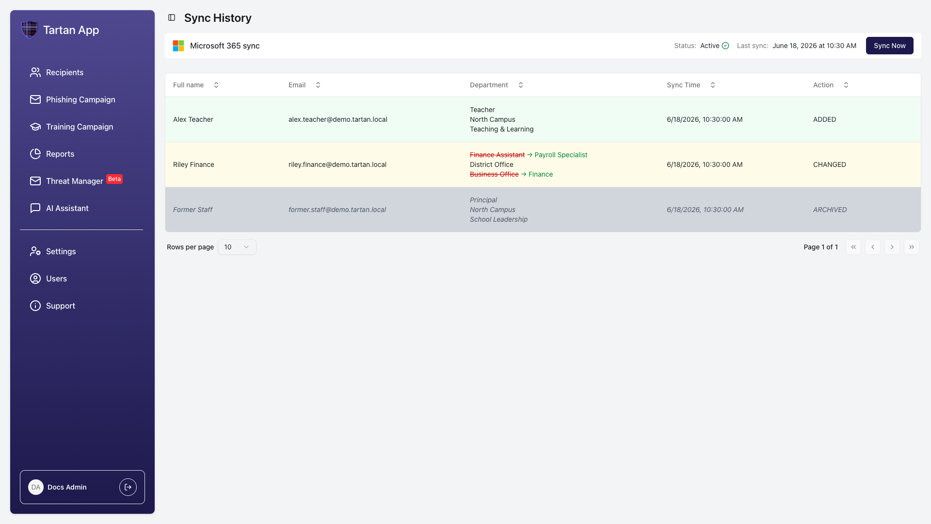 Microsoft 365 Sync History page