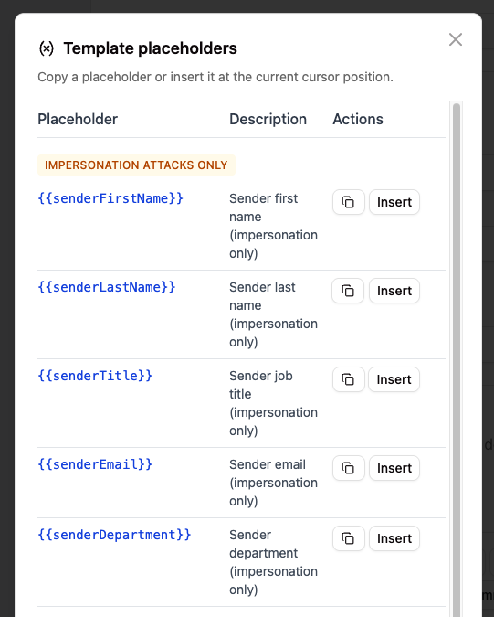 Template placeholders modal showing impersonation-only sender placeholders