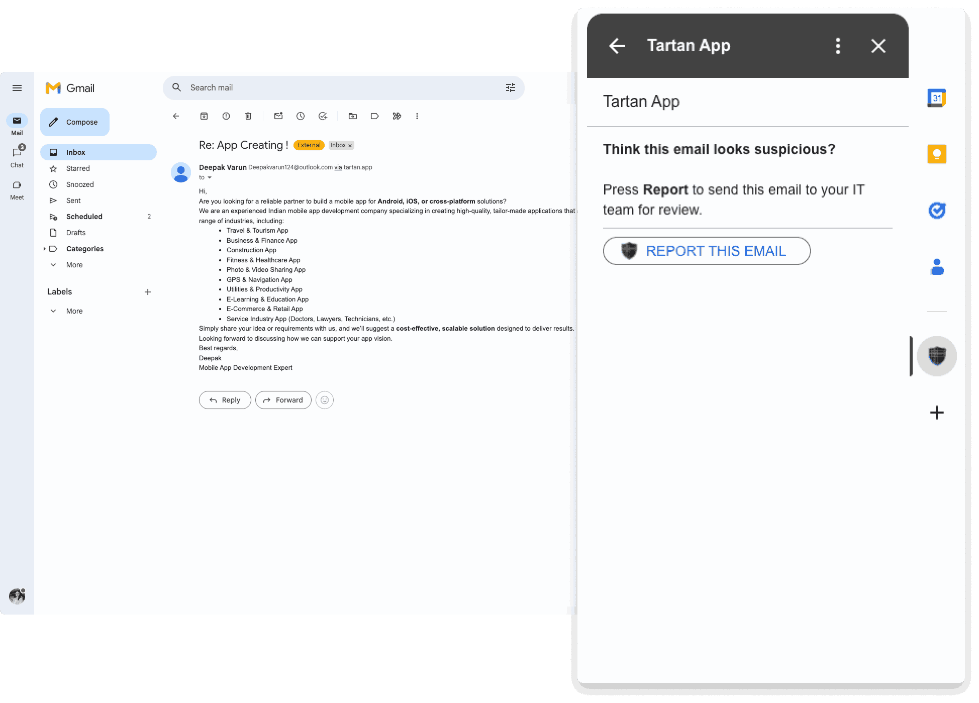 Tartan App Shield phish report button shown inside Gmail.