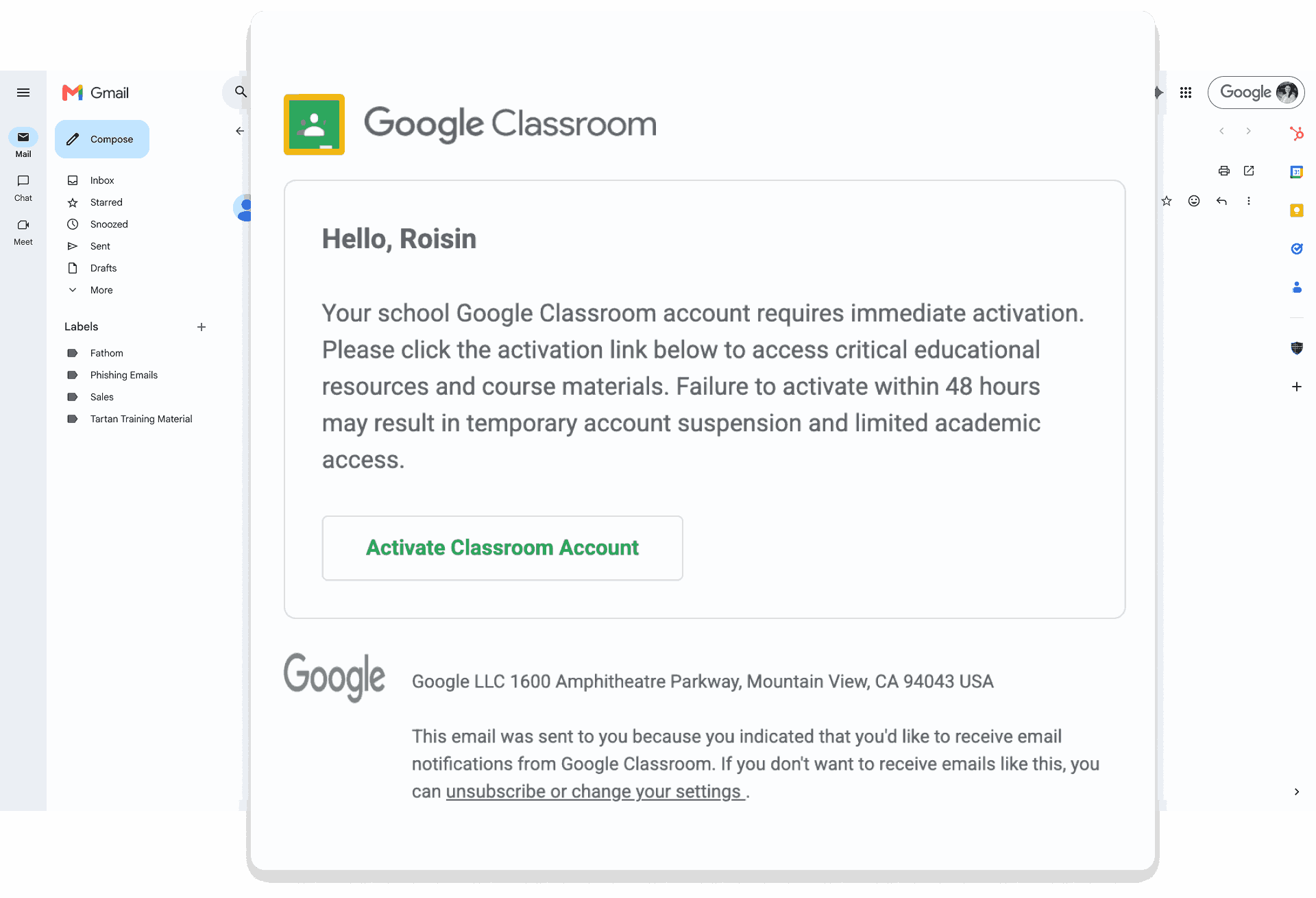 Tartan App staff phishing simulation shown in Gmail with a Google Classroom-themed email.