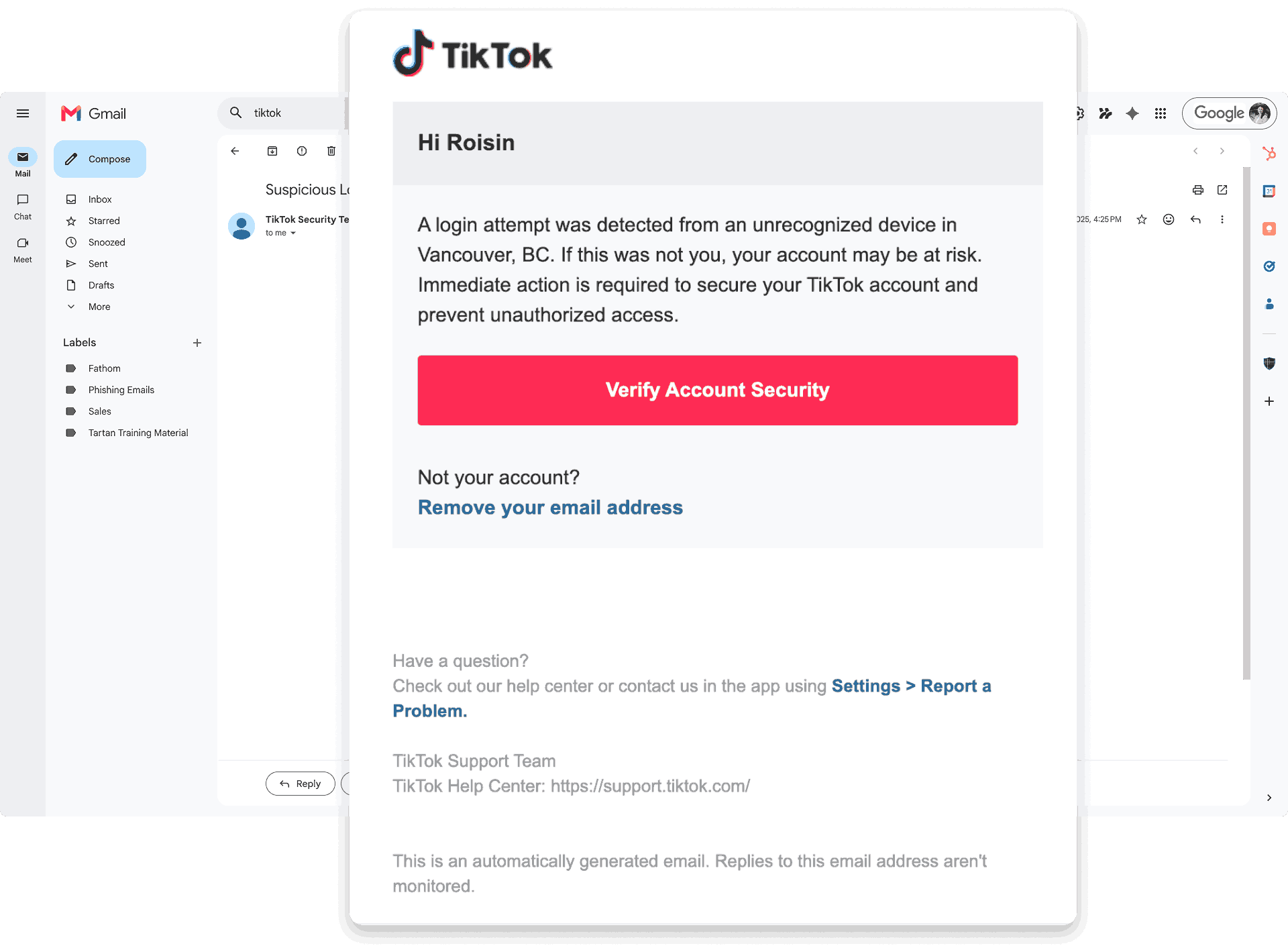 Tartan App student phishing simulation shown in Gmail with a TikTok-themed email.